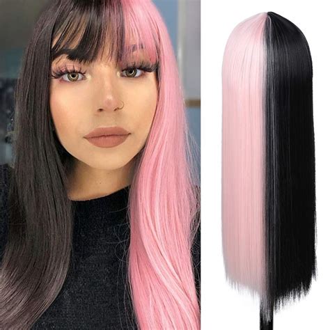 half black and half white wig|half pink half black wig.